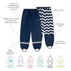 Puddleflex Waterproof Fleece Lined Trousers Navy: waterproof trousers in navy and fleece-lined patterned version, with reflective detail and adjustable stirrups.